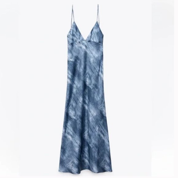 👗Zara Printed Silky Dress, Blue NWT - L - Picture 5 of 10